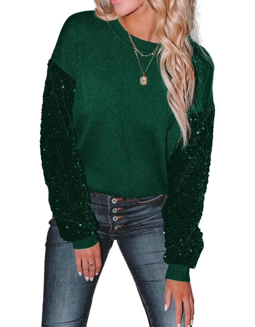 Load image into Gallery viewer, miduo Womens 2024 Winter Casual Sweaters Sequin Sparkle Crewneck Long Sleeve Pullovers Sweaterss Outfit Green S
