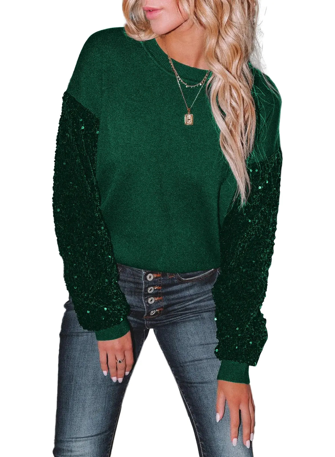 miduo Womens 2024 Winter Casual Sweaters Sequin Sparkle Crewneck Long Sleeve Pullovers Sweaterss Outfit Green S