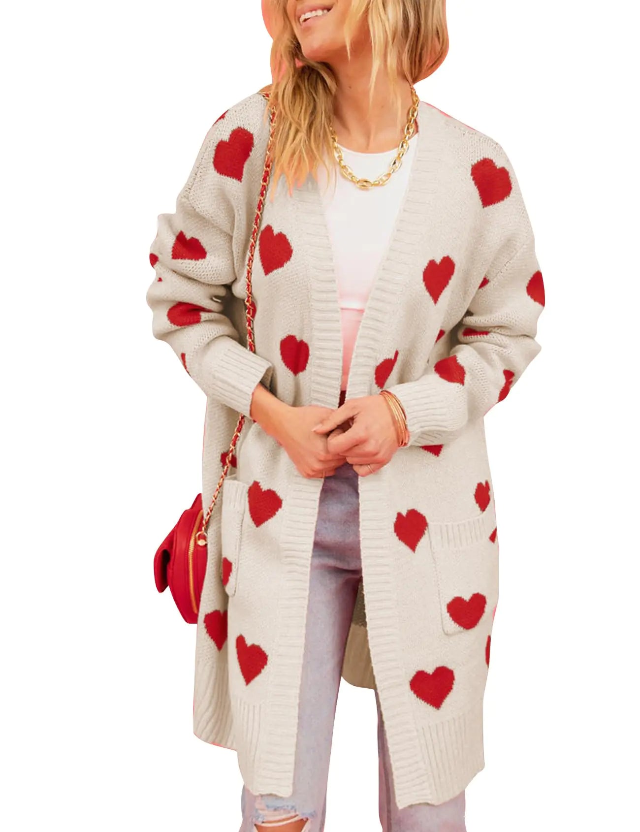 COZYPOIN Gilet long tricoté pour femme avec imprimé cœur, col en V, ouvert sur le devant, grandes tailles (abricot-S)