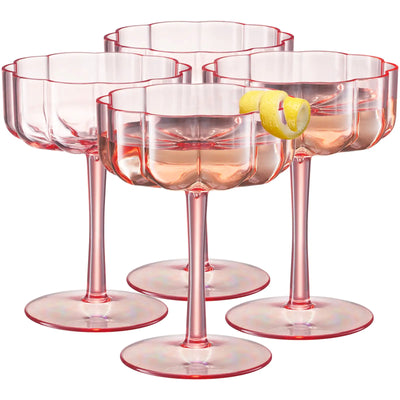 Khen Shatterproof Acrylic Flower Wavy Vintage Art Deco Martini Champagne & Cocktail Blush Pink Color Plastic Tritan Coupe Glasses | 4 Set | 8.5oz Glassware Classic Cocktail Indoor & Outdoor Set