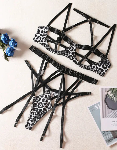 Load image into Gallery viewer, Fetish Lingerie Leopard Print Cutout Set with Stockings
