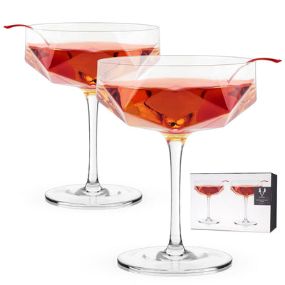 Viski Faceted Coupe Glasses set of 2 Champagn Martini Wine Crystal Cocktail Glasses for Bar Drinking Glass Set of 2 7oz