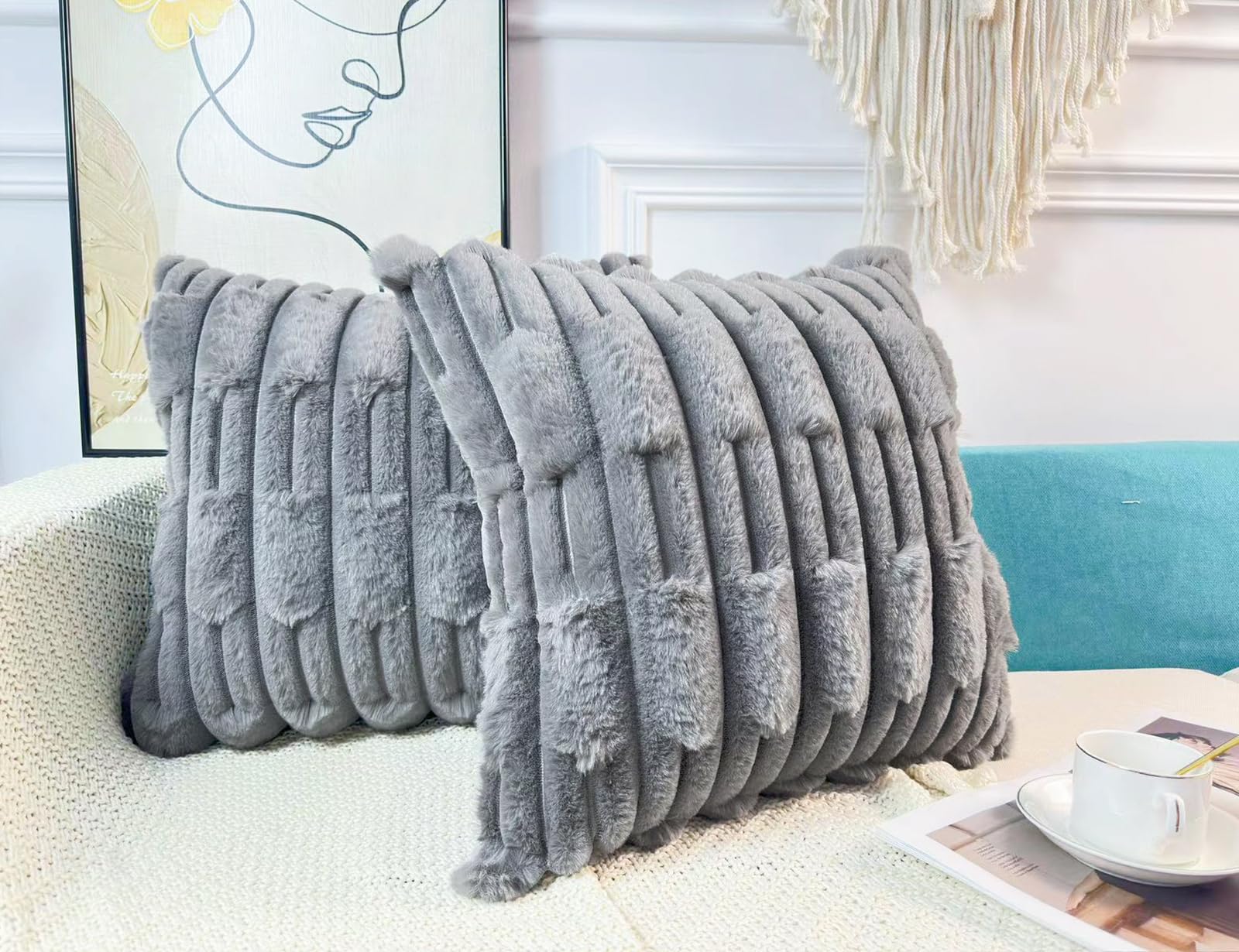 DRNOU Set of 2 Grey Faux Fur Throw Pillow Covers 18 x 18 InchPlush 3D Stripted Pattern Decorative Boho Pillow Cover Case Cushion Cover for Sofa Couch Bed Livingroom FarmhouseModern Accent