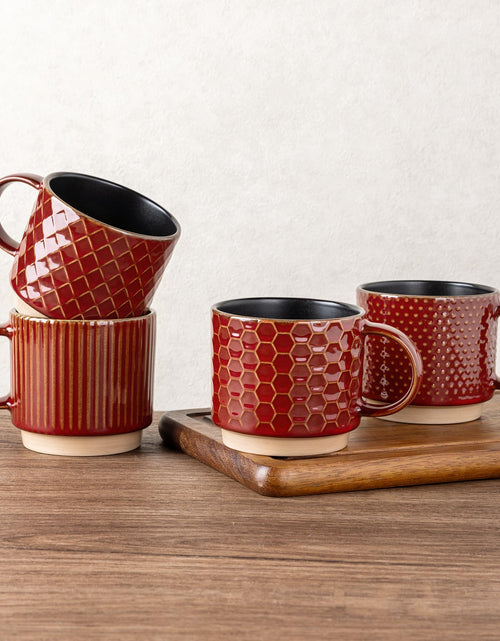 Load image into Gallery viewer, GBHOME 12 OZ Stackable Coffee Mugs Ceramic Coffee Mugs with Texture Patterns for ManWomanDadMom Modern Coffee Mugs Set of 4 for Latte/Cappuccino/Cocoa. Dishwasher&amp;Microwave Safe Red
