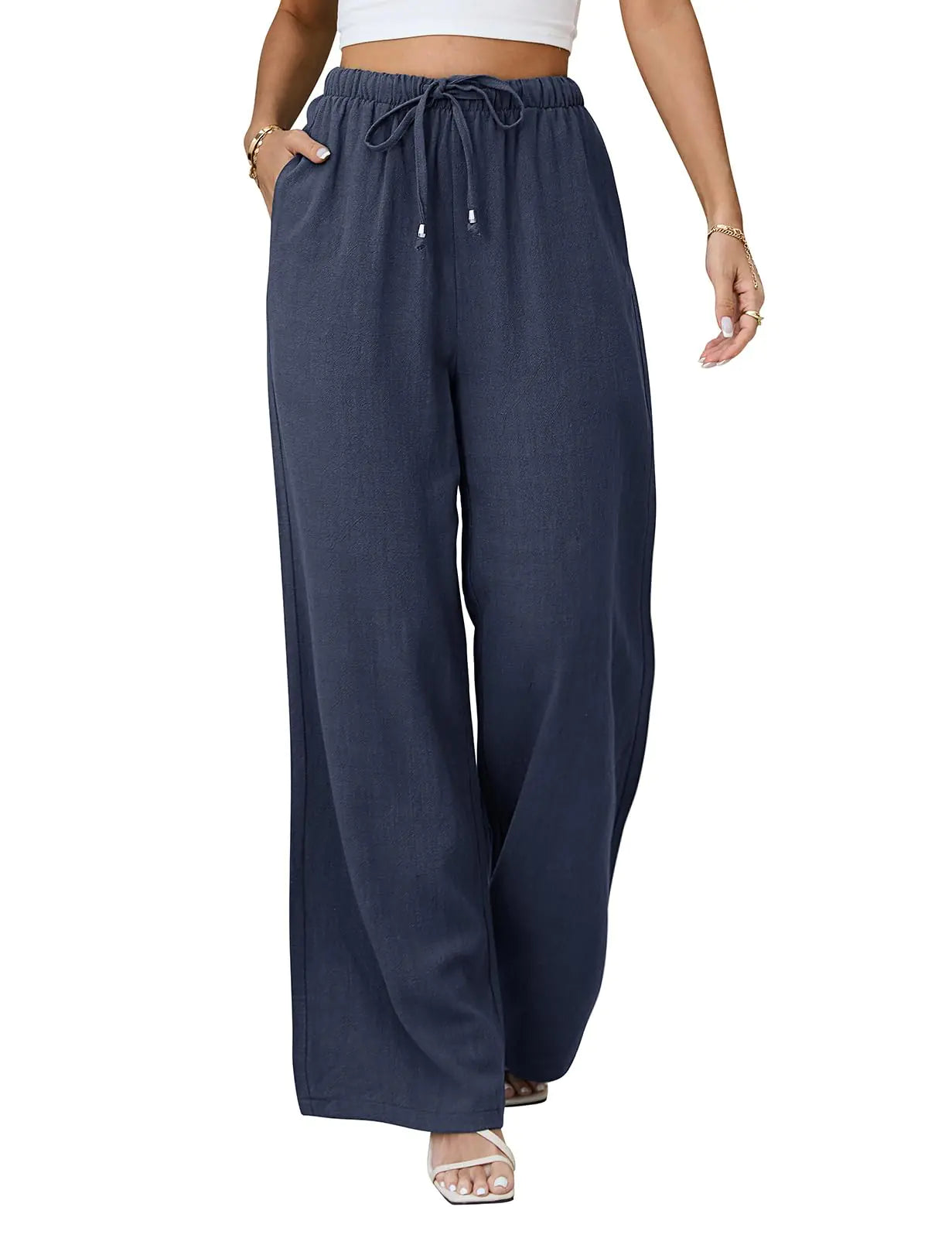 Jyanl Womens Linen Pants Casual Wide Leg Pants Summer Palazzo Pants Loose Flowy Beach Pants Trousers Drawstring Elastic Waist with Pockets Navy