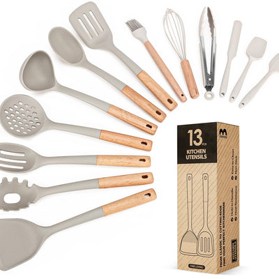 Juego de utensilios de cocina de 13 piezas, utensilios de cocina de silicona, juego de espátulas y utensilios de cocina resistentes al calor para utensilios de cocina antiadherentes, juego de herramientas y aparatos de cocina con mangos de madera