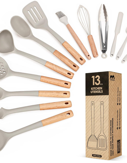 Cargar imagen en el visor de la galería, Juego de utensilios de cocina de 13 piezas, utensilios de cocina de silicona, juego de espátulas y utensilios de cocina resistentes al calor para utensilios de cocina antiadherentes, juego de herramientas y aparatos de cocina con mangos de madera
