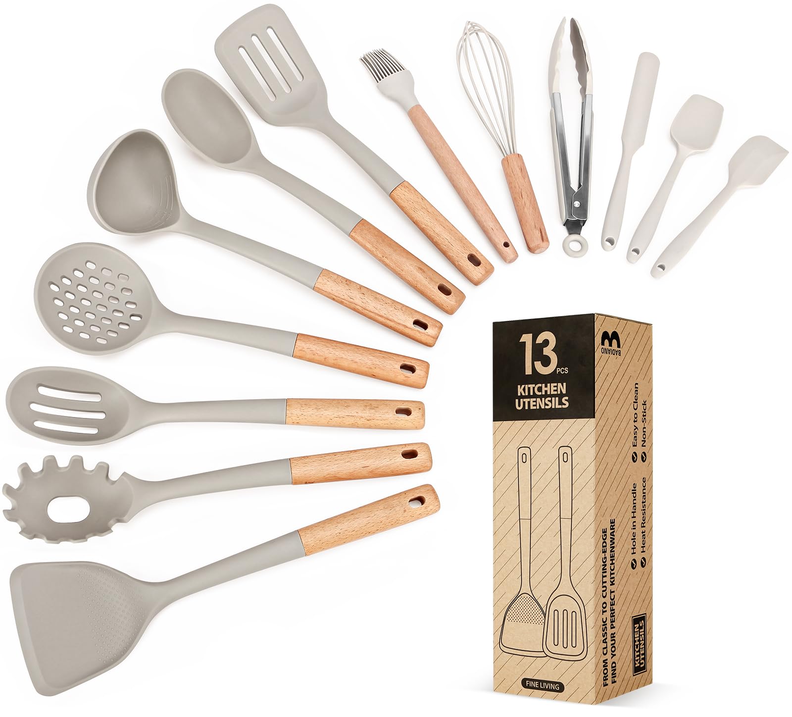 Juego de utensilios de cocina de 13 piezas, utensilios de cocina de silicona, juego de espátulas y utensilios de cocina resistentes al calor para utensilios de cocina antiadherentes, juego de herramientas y aparatos de cocina con mangos de madera