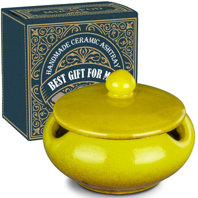 Cenicero de cerámica con tapa, accesorios para puros, cenicero de exterior, regalo para hombres, papá, marido, novio, ceniceros a prueba de viento para patio, hogar, interior, exterior, decoración de oficina (amarillo)