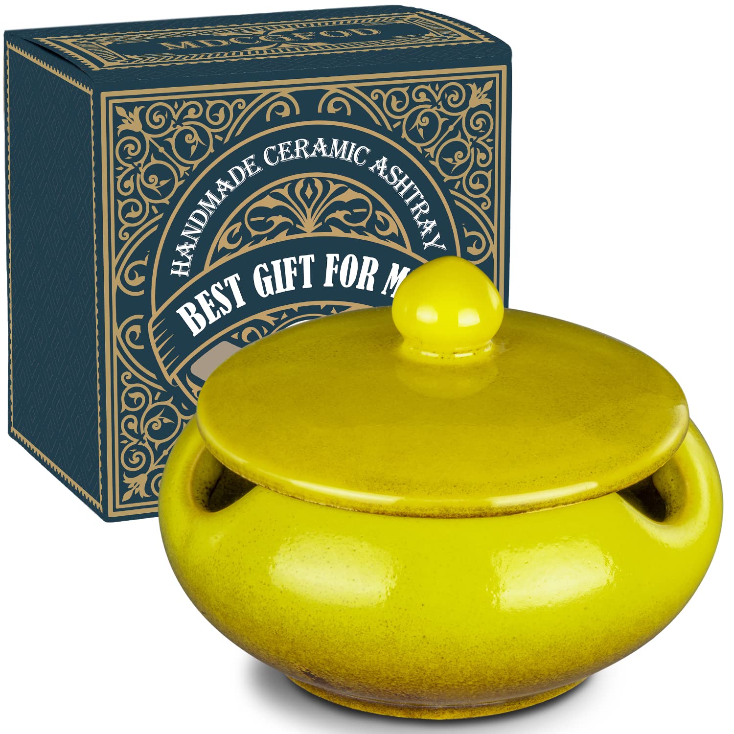 Ceramic Ashtray with Lids Cigar Accessories Outdoor Ash Tray Gift for Men Dad Husband Boyfriend Windproof Ashtrays for Patio Home，Indoor，Outside，Office Decoration (yellow)