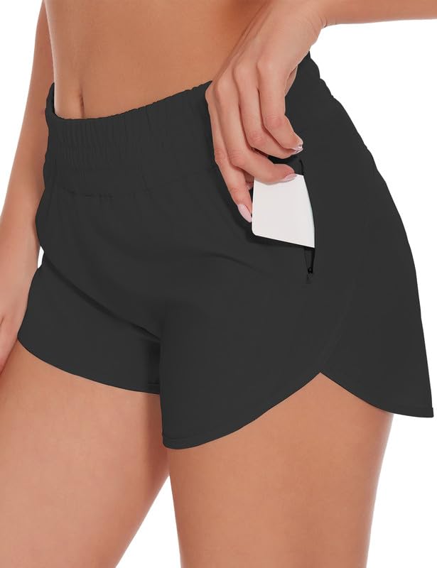 AugIris Womens Running Shorts Quick Dry Athletic Gym Workout Sports Shorts Lightweight Biker Tennis Summer Exercise Shorts with Zipper Pockets Black L