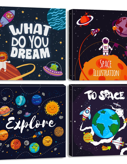 Charger l'image dans la visionneuse de galerie, Outer Space Decor for Boys Room Bedroom Spaceship Planet Wall Art Rocket Astronaut Canvas Pictures Kids Nursery Playroom Dorm Space Themed Space Posters Classroom Toddler Home Decorations 12x12" 4P
