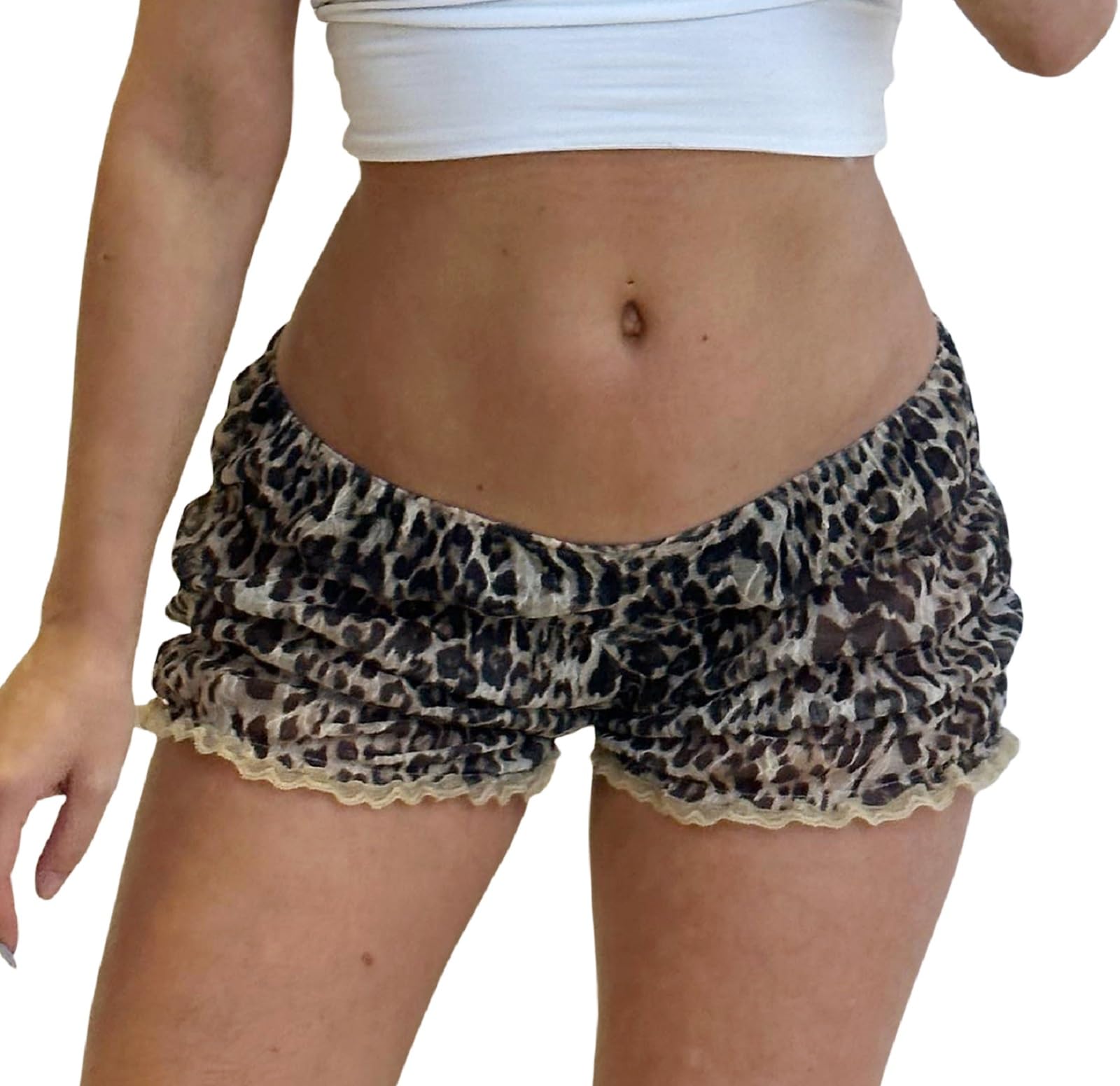 Faretumiya Women Ruffle Frill Boy Shorts Y2k Leopard Low Rise Smocked Mini Shorts Sexy Micro Bloomers Pj Shorts(CoffeeLarge)