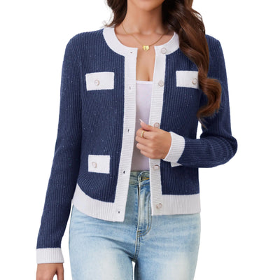 Cárdigans de punto para mujer, cortos, de otoño, manga larga, frente abierto, con botones, tops de invierno, azul real
