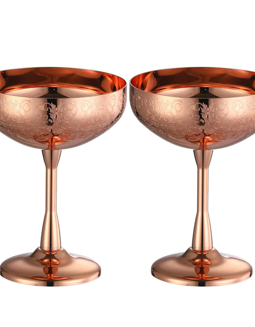 Load image into Gallery viewer, Stainless Steel Coupe Cocktail Glasses Set of 2 Unbreakable Cocktail Glasses for Margarita Manhattan Champagne Engraved Design (Copper Plated Set of 2)
