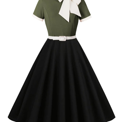 50s Style Dresses for Women Vintage Short Sleeve Tie Neck Swing Dress 1950s Dresses Contrast Color 50s Dresses for Women Retro Audrey Hepburn Church Dresses Tea Party Dress Army Green 2XL