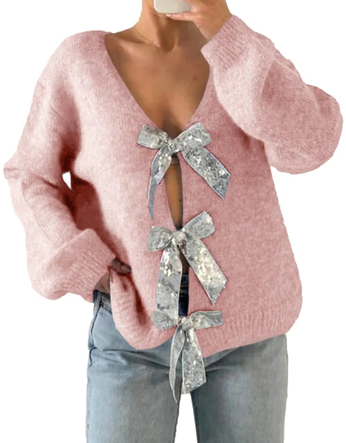 Load image into Gallery viewer, Womens V Neck Long Sleeve Sweaters Fall Trendy Sequin Bow Sexy Loose Knit Pullover Jumper Tops Pink
