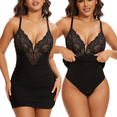 SHAPERIN Shapewear Dress Deep V-Neck Lace Corsets Summer Dresses Tummy Control Bodycon Mini Dresses for Women Black L