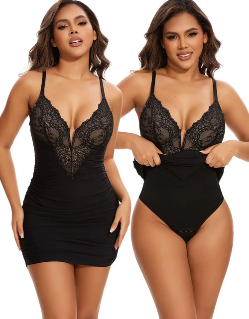 Load image into Gallery viewer, SHAPERIN Shapewear Dress Deep V-Neck Lace Corsets Summer Dresses Tummy Control Bodycon Mini Dresses for Women Black L
