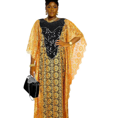 HD Yellow Lace Dress Womans Black Sequin V Neck Party Kaftan Gown Plus Size Dress