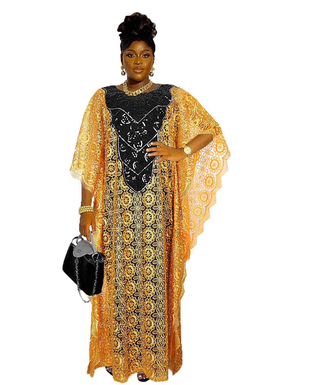 HD Yellow Lace Dress Womans Black Sequin V Neck Party Kaftan Gown Plus Size Dress