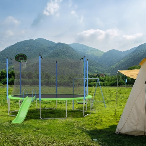 Load image into Gallery viewer, 12FT Trampoline With Slide And Swings, ASTM Approved Large Recreational Trampoline With Basketball Hoop And Ladder,Outdoor Backyard Trampoline With Net, Capacity For Kids And Adults
