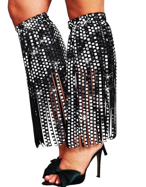 Load image into Gallery viewer, GEMILY Black Fringe Leg Warmers Long Sequin Leg Warmers Sparkly Cosplay Rave Boot Covers Stretch Party Accessories for Women
