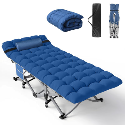 Slendor Folding Camping Cot with Mattress for Adults 74” L x 28” W x 15” H Camp Cot w/Pillow Storage Bag Sleeping Cot Bed for Tent Office Outdoor Blue Cot Blue Pad 500lbs Load Support