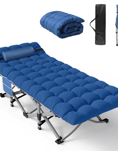 Charger l'image dans la visionneuse de galerie, Slendor Folding Camping Cot with Mattress for Adults 74” L x 28” W x 15” H Camp Cot w/Pillow Storage Bag Sleeping Cot Bed for Tent Office Outdoor Blue Cot Blue Pad 500lbs Load Support
