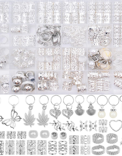 Load image into Gallery viewer, 236PCS Silver Hair Accessories and Hair Beads: Hair Jewelry and Charms for Braids Hair Rings and Braid Accessories - Ideal for Dreadlock Accessories Loc Jewelry and Hair Cuffs Rave Hair Accessories
