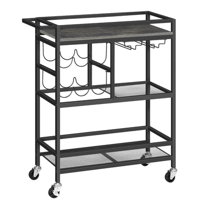 MAHANCRIS Bar Cart for Home 3-Tier Serving Cart with Wheels and Handle Beverage Cart with Wine Rack and Glass Holders Rolling Wine Cart for Kitchen Dining Room Charcoal Gray and Black RCHT6101