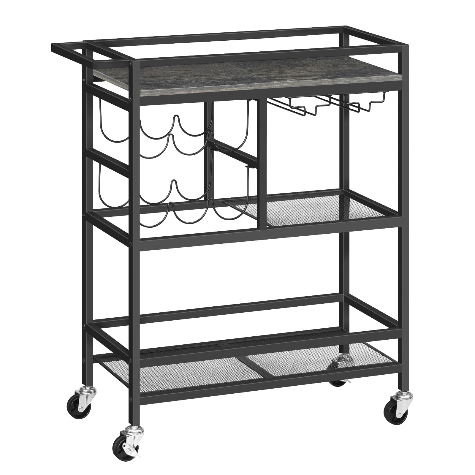 MAHANCRIS Bar Cart for Home 3-Tier Serving Cart with Wheels and Handle Beverage Cart with Wine Rack and Glass Holders Rolling Wine Cart for Kitchen Dining Room Charcoal Gray and Black RCHT6101