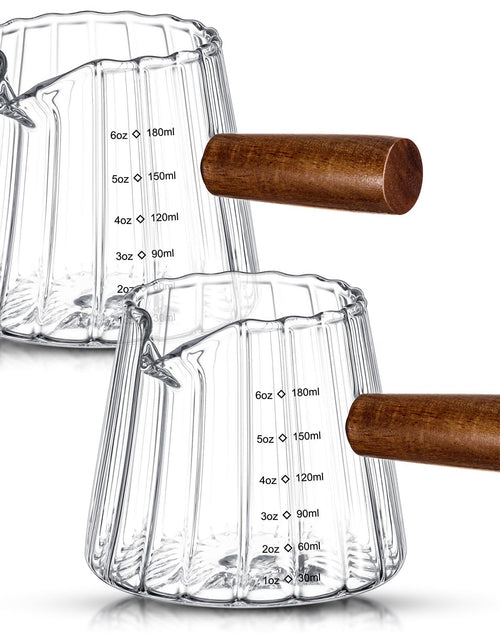Charger l'image dans la visionneuse de galerie, Jingmore Espresso Shot Glass with Wood Handle Single Spouts Espresso Cups Measuring Cup with Clear Scale Heat Resistant Espresso Glasses for Coffee Milk Tea Syrup(2 Pcs)
