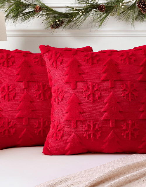 Load image into Gallery viewer, OTOSTAR Set of 2 Xmas Soft Plush Short Wool Velvet Decorative Throw Pillow Covers Square Luxury Style Cushion Case Pillow Shell for Sofa Bedroom Tree and Snowflake Red 22x22 Inch
