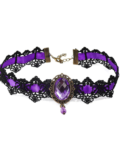 Cargar imagen en el visor de la galería, Pingyongchang Gargantilla de Encaje Negro con Cristales para Mujer, Collar Gargantilla para Disfraz de Halloween, Fiesta de Bodas, Graduación, Colgante de Vampiro para Mujer, Joyería Gótica - Morado
