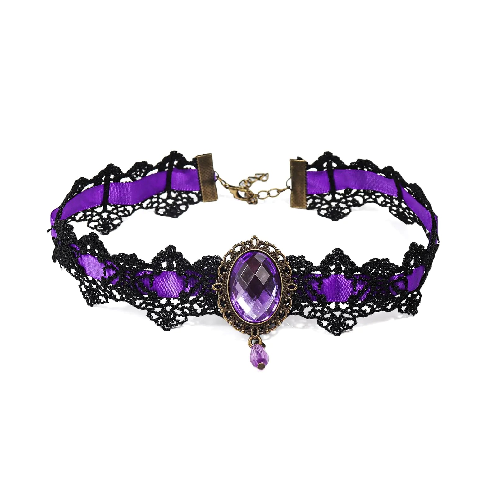 Pingyongchang Gargantilla de Encaje Negro con Cristales para Mujer, Collar Gargantilla para Disfraz de Halloween, Fiesta de Bodas, Graduación, Colgante de Vampiro para Mujer, Joyería Gótica - Morado