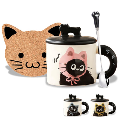 MengCat Cute Cat Coffee Mugs Kawaii Black Mugs with Kitty Spoon Coaster Set Novelty Tea Cup Cute Stuff Gifts for Cat Lovers Christmas Birthday Gifts Cat home decor