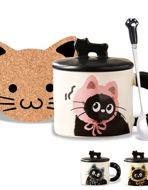 Load image into Gallery viewer, MengCat Cute Cat Coffee Mugs Kawaii Black Mugs with Kitty Spoon Coaster Set Novelty Tea Cup Cute Stuff Gifts for Cat Lovers Christmas Birthday Gifts Cat home decor
