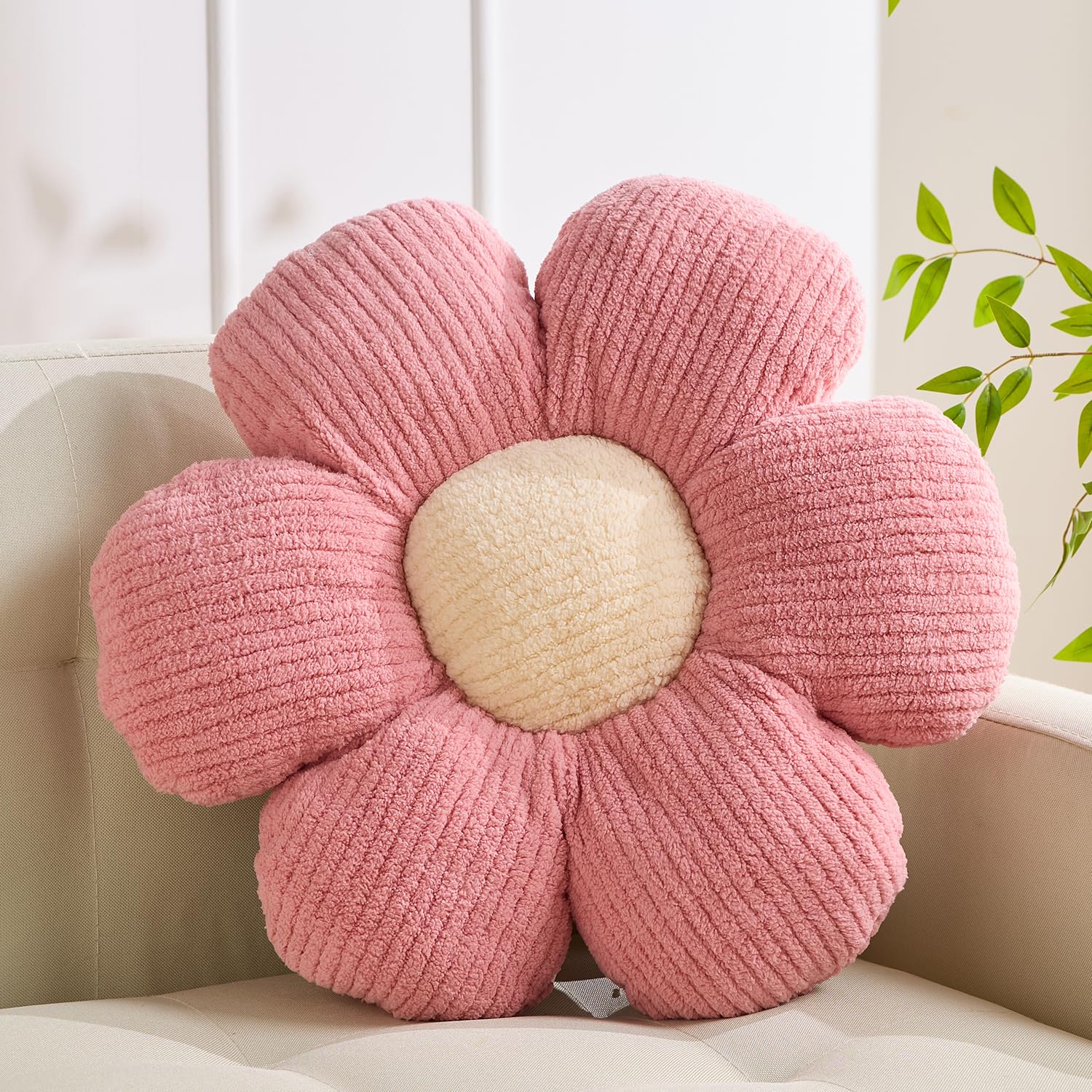 XIAIJIA Coussin Fleur en Forme de Fleur, Coussin Décoratif Margueritte pour Lit, Joli Oreiller de Décoration, Coussin de Sol Fleur, Coussin de Siège Doux, Coussin Fleur Rose 50 cm