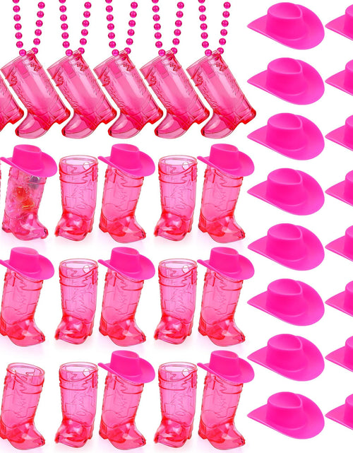 Load image into Gallery viewer, durony 72 Pieces Hot Pink Mini Cowgirl Boot Glasses on Beaded Necklace Mini Western Cowgirl Hat and Plastic Cowgirl Shot Glass Cups Bachelorette Glasses for Bachelorette Carnival Party Birthday
