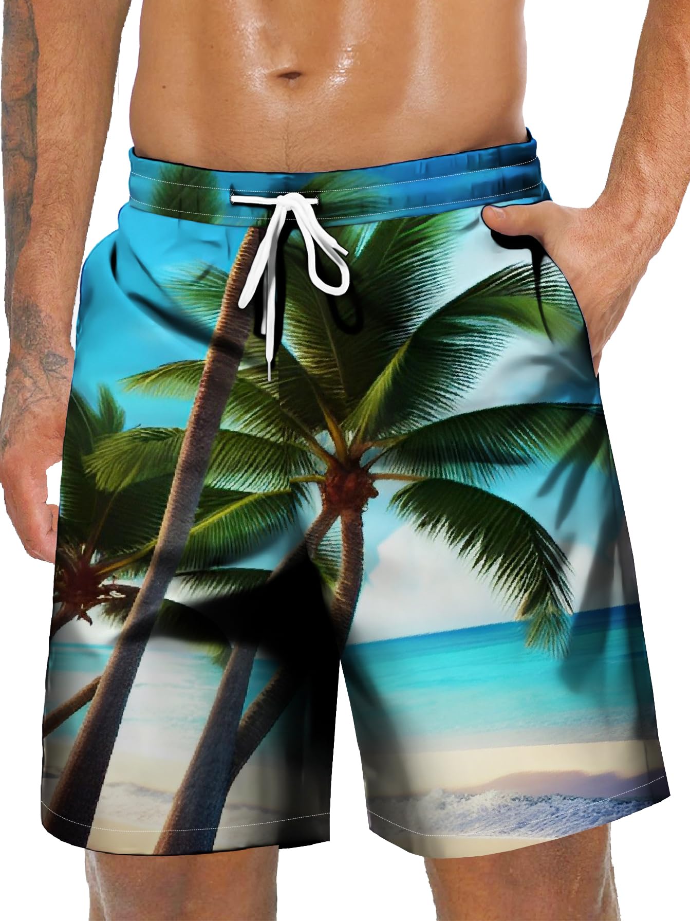 STANFVMEN Mens Hawaiian Beach Shorts Casual Lightweight Drawstring Quick Dry Holiday Tropical Shorts with Pockets