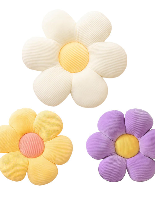 Cargar imagen en el visor de la galería, 3 almohadas de flores - Cojín de asiento en forma de flor, bonita almohada de margaritas, almohadas de suelo para adultos, niños, hogar, dormitorio, sofá, silla, decoración (blanco/amarillo/púrpura 15,74 pulg.+19,68 pulg.)
