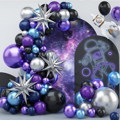 Kit de arco de globos espaciales, decoraciones de cumpleaños de espacio, kit de guirnalda de arco de globos azul, morado y plateado, globos metálicos cromados, estrella 4D para fiesta de cumpleaños temática espacial, baby shower, graduación