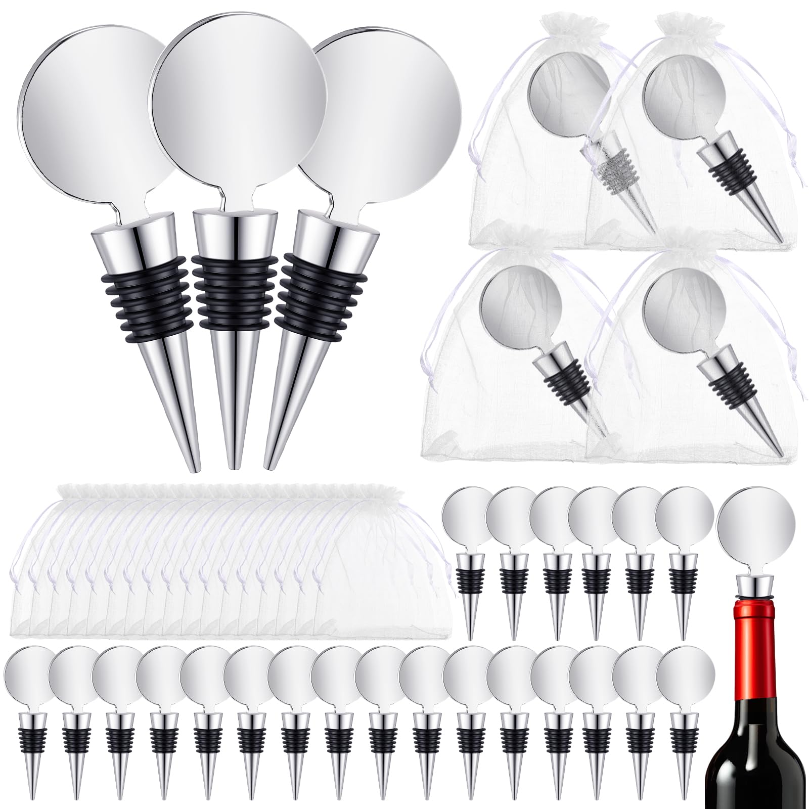 Yaocom 36 Sets Wine Stopper for Wine Bottles Wedding Wine Stopper Champagne Bottle Stoppers Beverage Bottle Stoppers with White Sheer Organza Bags Christmas Wedding Party Favor for Guests (Silver)