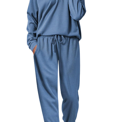 Ekouaer Loungewear for Women 2PC Waffle Knit Sweatsuits Winter Long Sleeve Pajamas Parties Gift Set BlueSamll