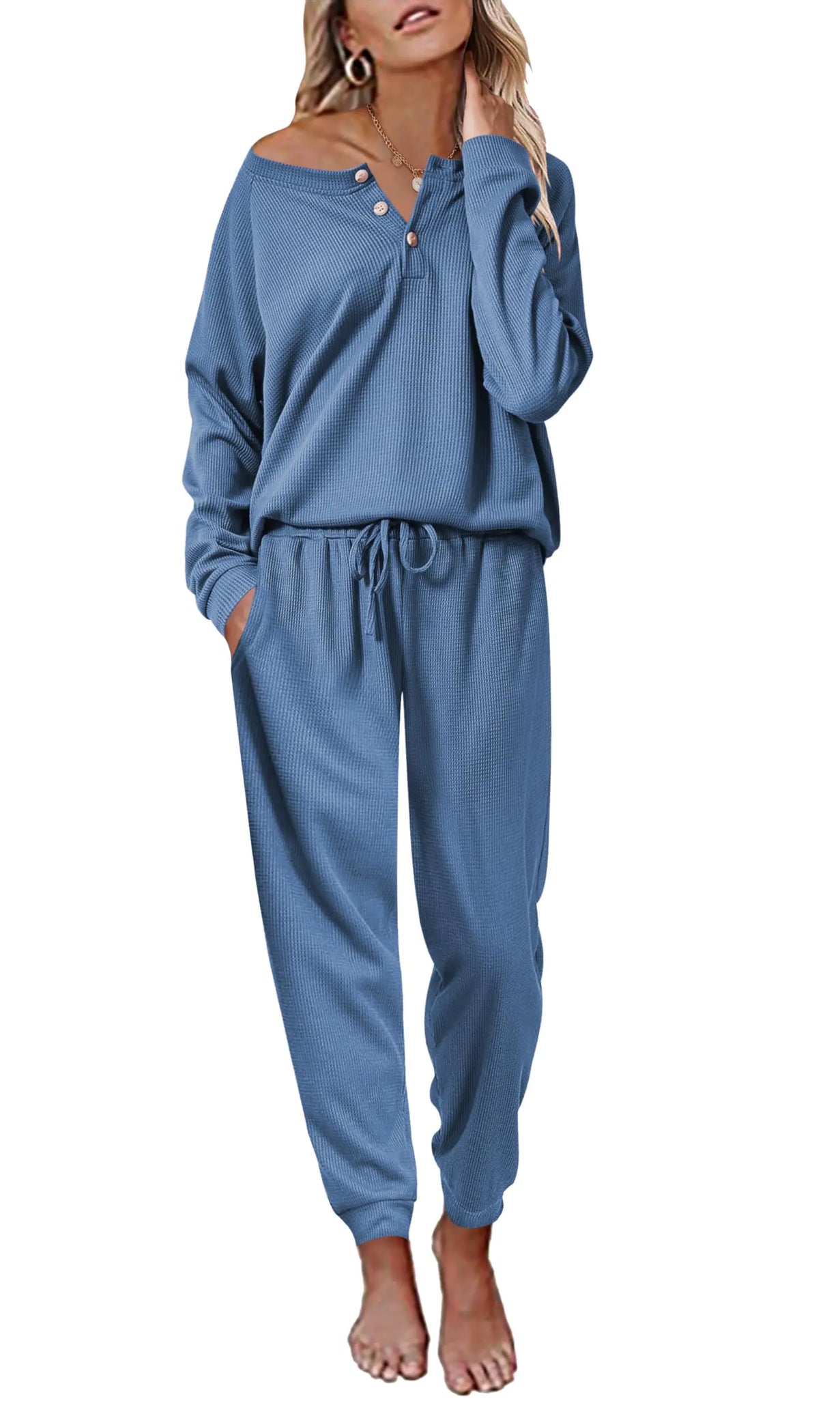 Ekouaer Loungewear for Women 2PC Waffle Knit Sweatsuits Winter Long Sleeve Pajamas Parties Gift Set BlueSamll