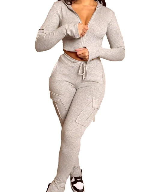 Load image into Gallery viewer, Voghtic Womens 2 Piece Outfits Sweatsuit Long Sleeve Zip Up Crop Hoodie Sweatpants with Pockets

