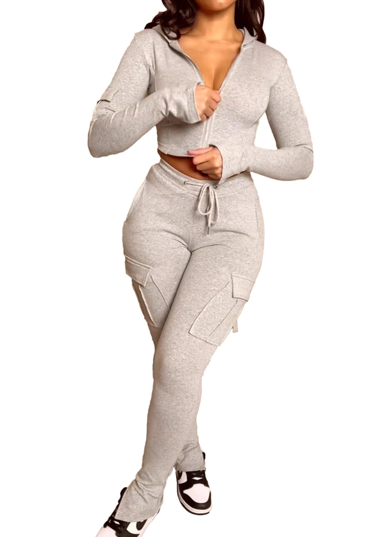 Voghtic Womens 2 Piece Outfits Sweatsuit Long Sleeve Zip Up Crop Hoodie Sweatpants with Pockets