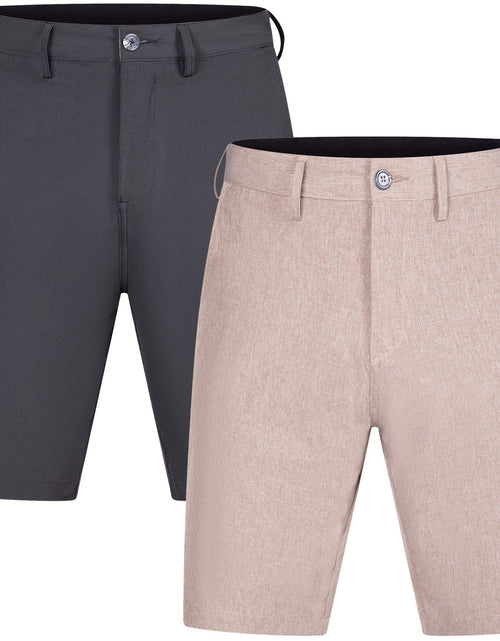 Cargar imagen en el visor de la galería, Brickline Mens Shorts for Men Hybrid Casual Golf Dress Flat Front Quick Dry Stretch Board Shorts (2 Pack) Lightweight Chino Short Black/Khaki - 44
