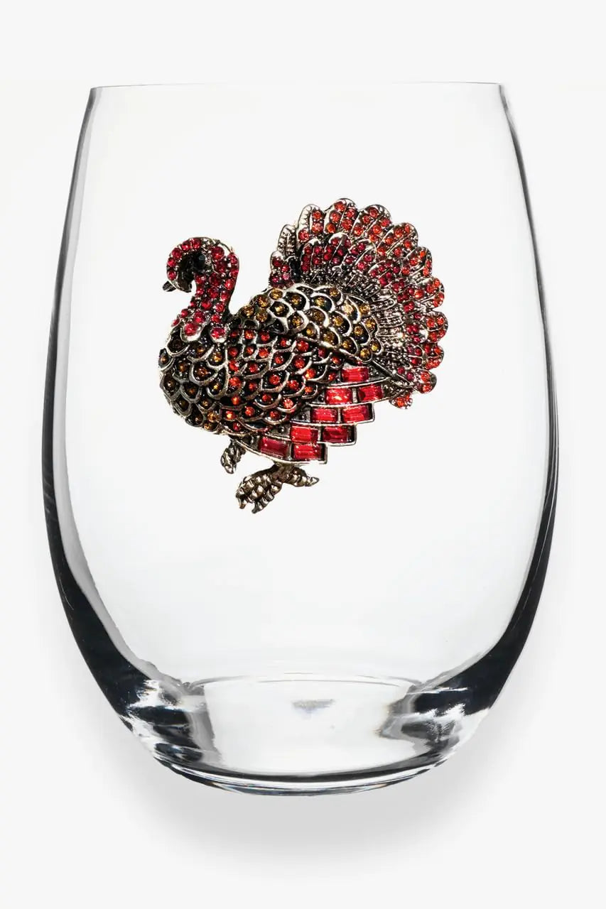 THE QUEENS JEWELS Turkey Jeweled Stemless Wine Glass 21 oz. - Unique Gift for Women Birthday Cute Fun Not Painted Decorated Bling Bedazzled Rhinestone
